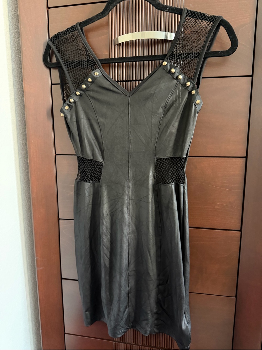 2B Bebe Black Faux Leather Mini Dress with Gold Studs